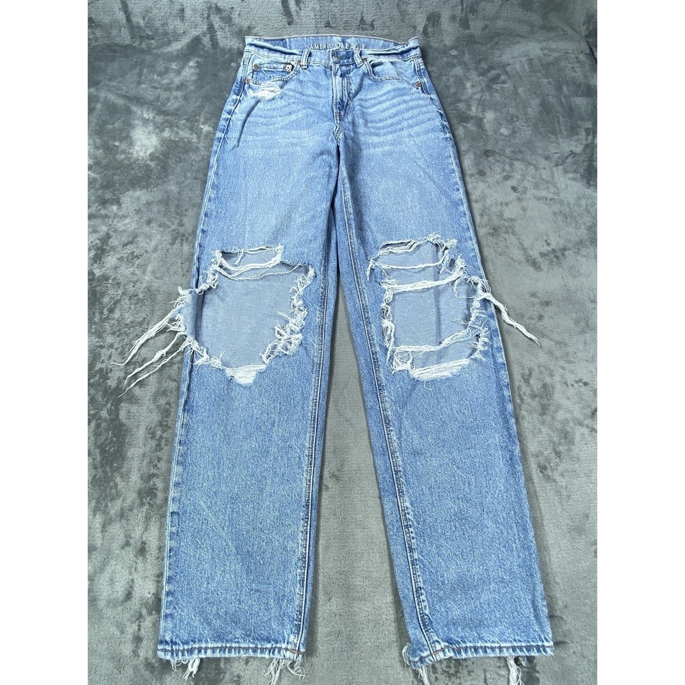 American Eagle Jeans Size 4 Blue Highest Rise Baggy Straight Distressed Thrash